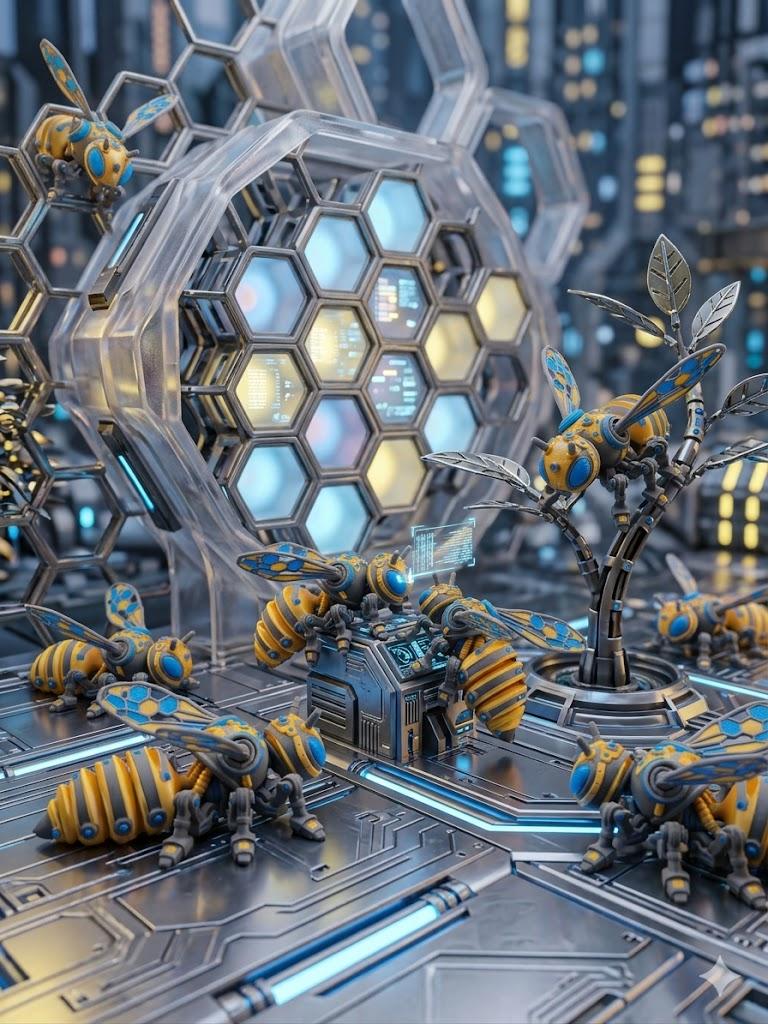 Flexi Cyber Bee Figurine - 14.5cm Adjustable 3D Speciality Geometric Plastic Modern Nature-Tech Mechanical Statue, Posable Joints 2-Sided Desktop Decor for Gamer Enthusiasts, Durable Home Decor Collectible