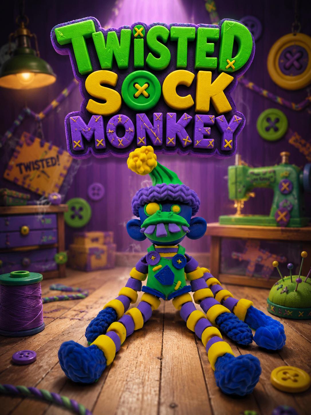 Articulated Spooky Sock Monkey Figurine - Print-Infused Halloween Decor, Desk Decor, Shelf Statue, Ideal Gift for Gaming Setups Enthusiasts with Spooky Charm