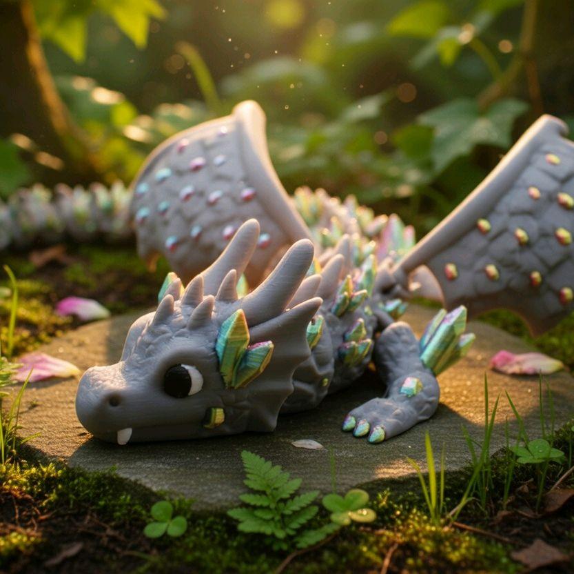Flexi Kristall Dragon 3D Print Collectible Figurine - 3-tone Filament, 12 cm, 36 cm, Articulated Body, Crystal Accents, Poseable Display, Desk Shelf Decor, Ideal Gift for Collectors