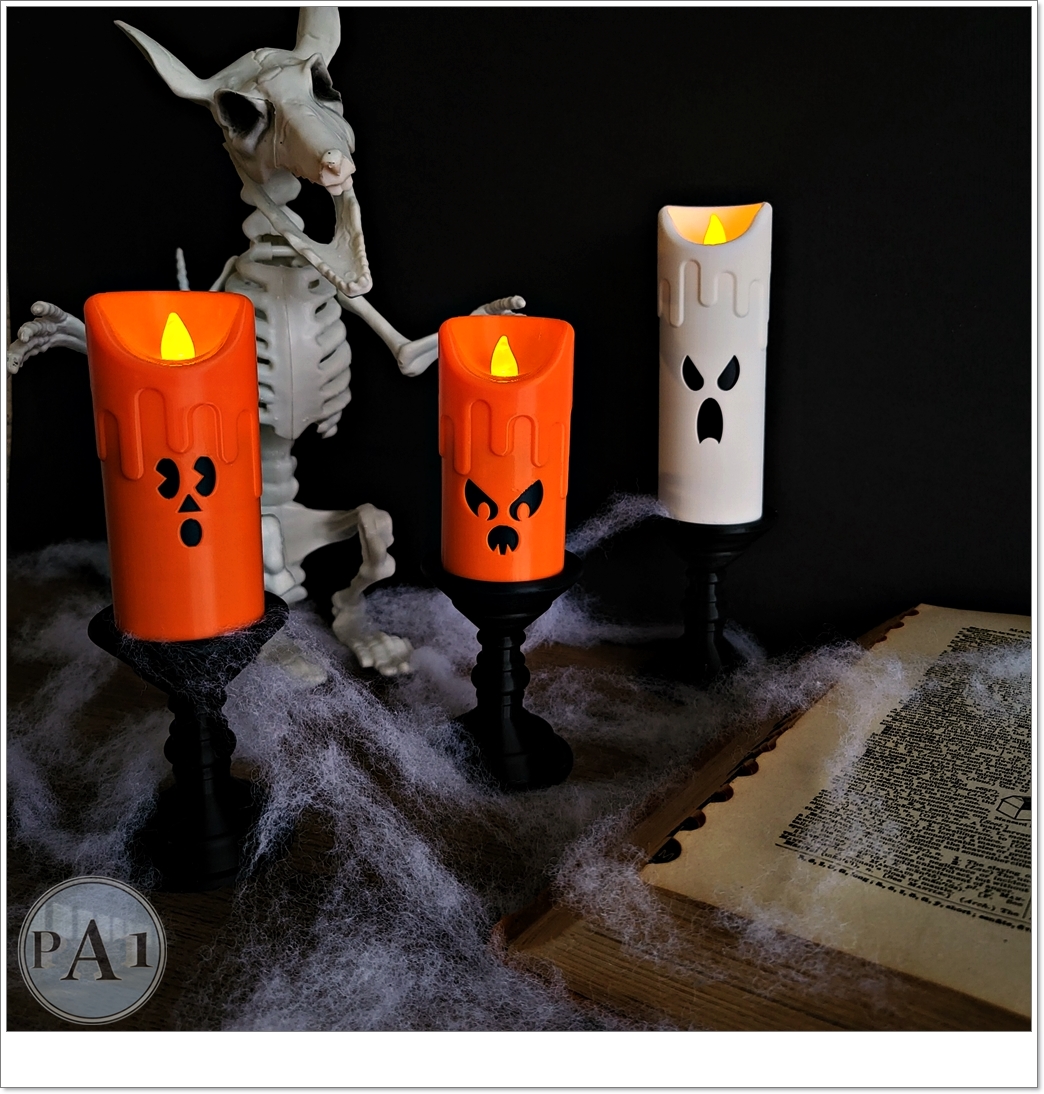 Spooky Candles 3D printed set of three jack-o-lantern and ghost pillar candles with LED tealights