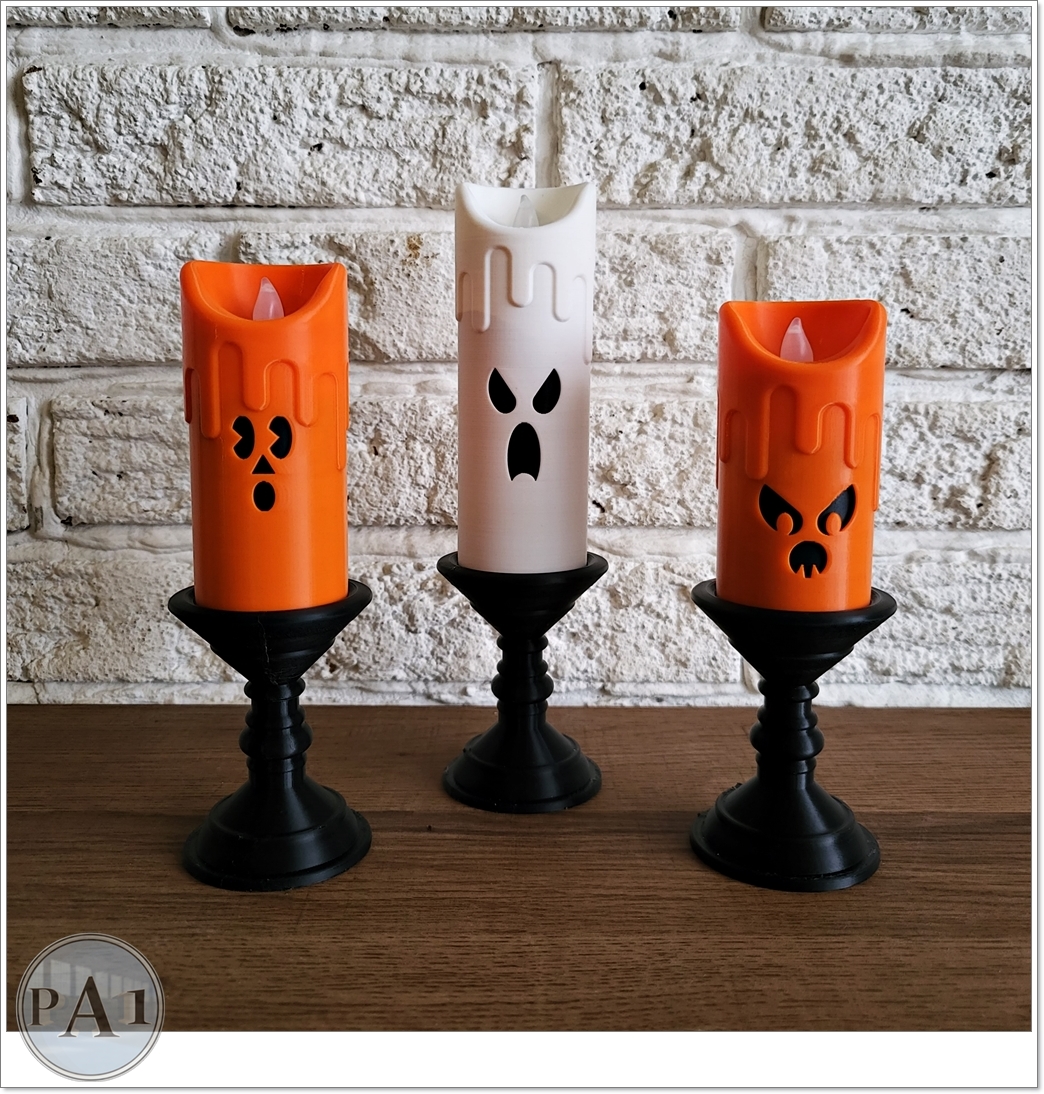 Spooky Candles 3D printed set of three jack-o-lantern and ghost pillar candles with LED tealights