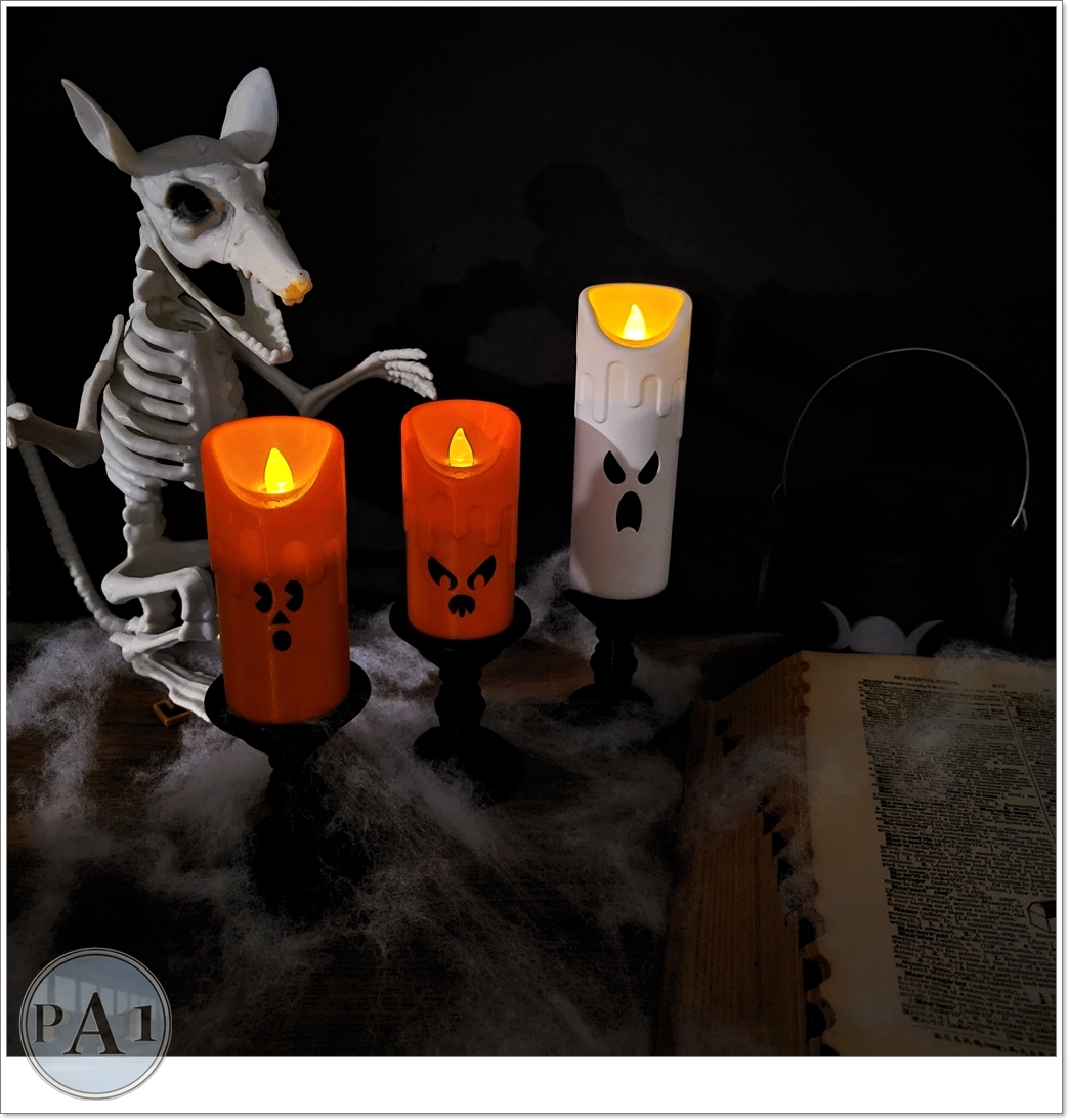 Spooky Candles 3D printed set of three jack-o-lantern and ghost pillar candles with LED tealights