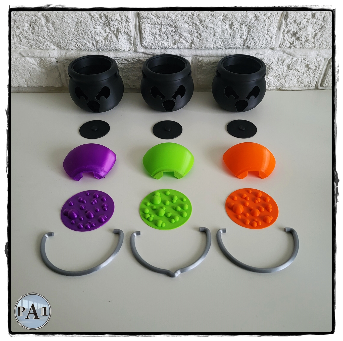 Tealight Spooky Cauldron parts: cauldron, lids, bubbling brew tops and handles