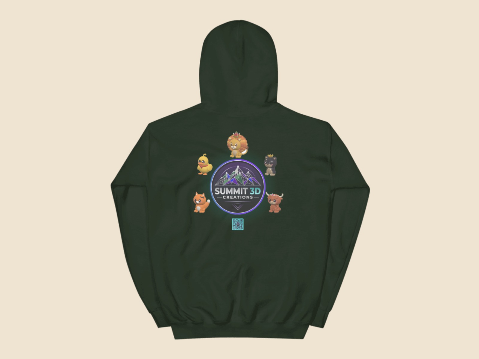 My Pal hoodie mockup, back: five Print Pals around the Summit 3D Creations logo