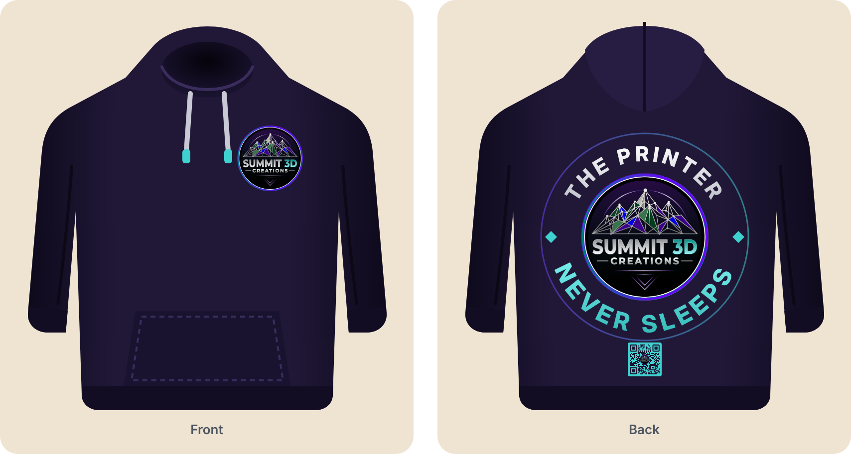 Never Sleeps hoodie, front and back, with the Summit 3D Creations logo rocker