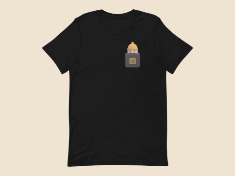 Pocket Larry tee mockup, front: Larry peeking out of the chest pocket